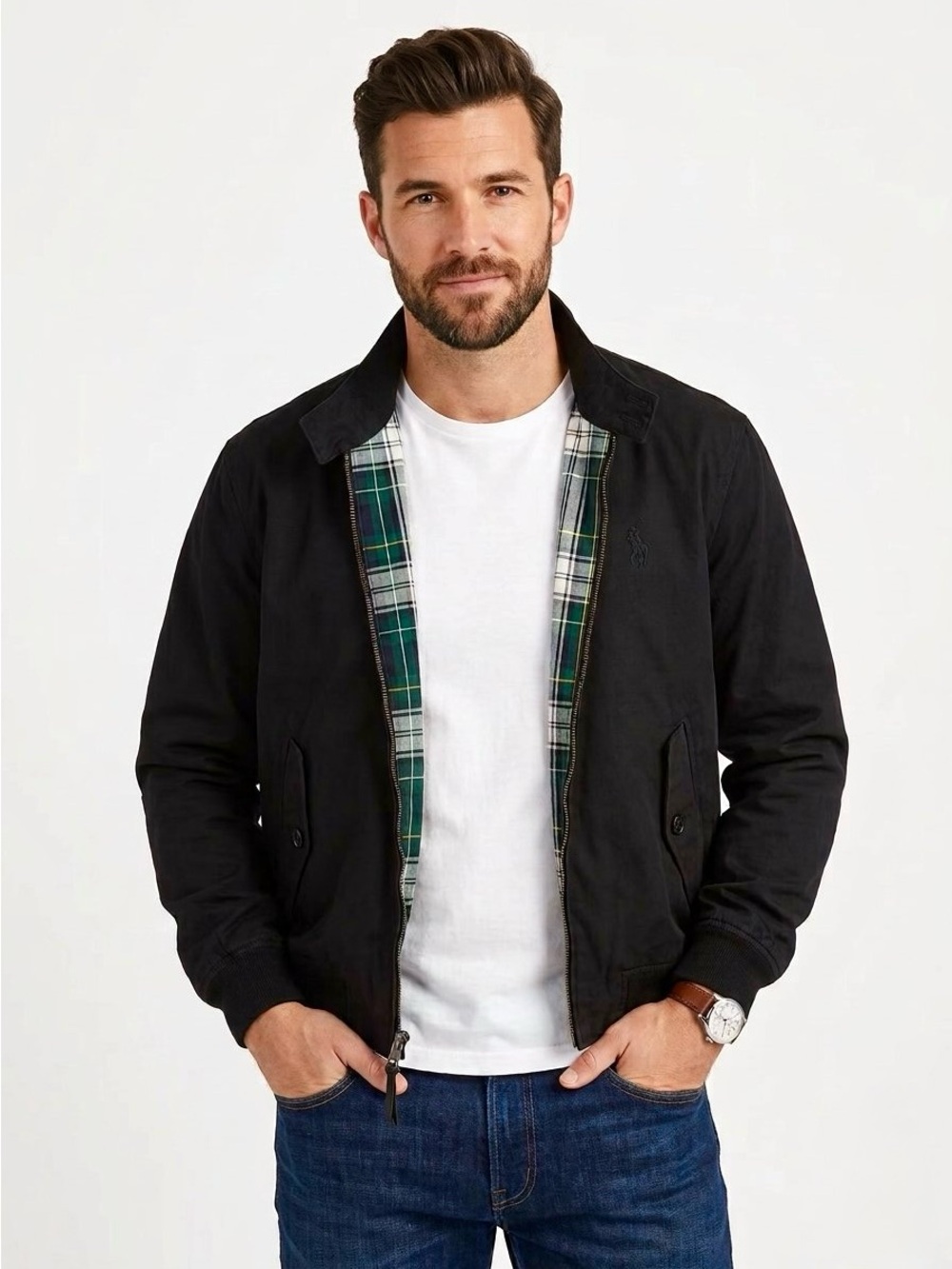 Polo Ralph Lauren Vintage Plaid Lined Classic Black Harrington Jacket, Size L